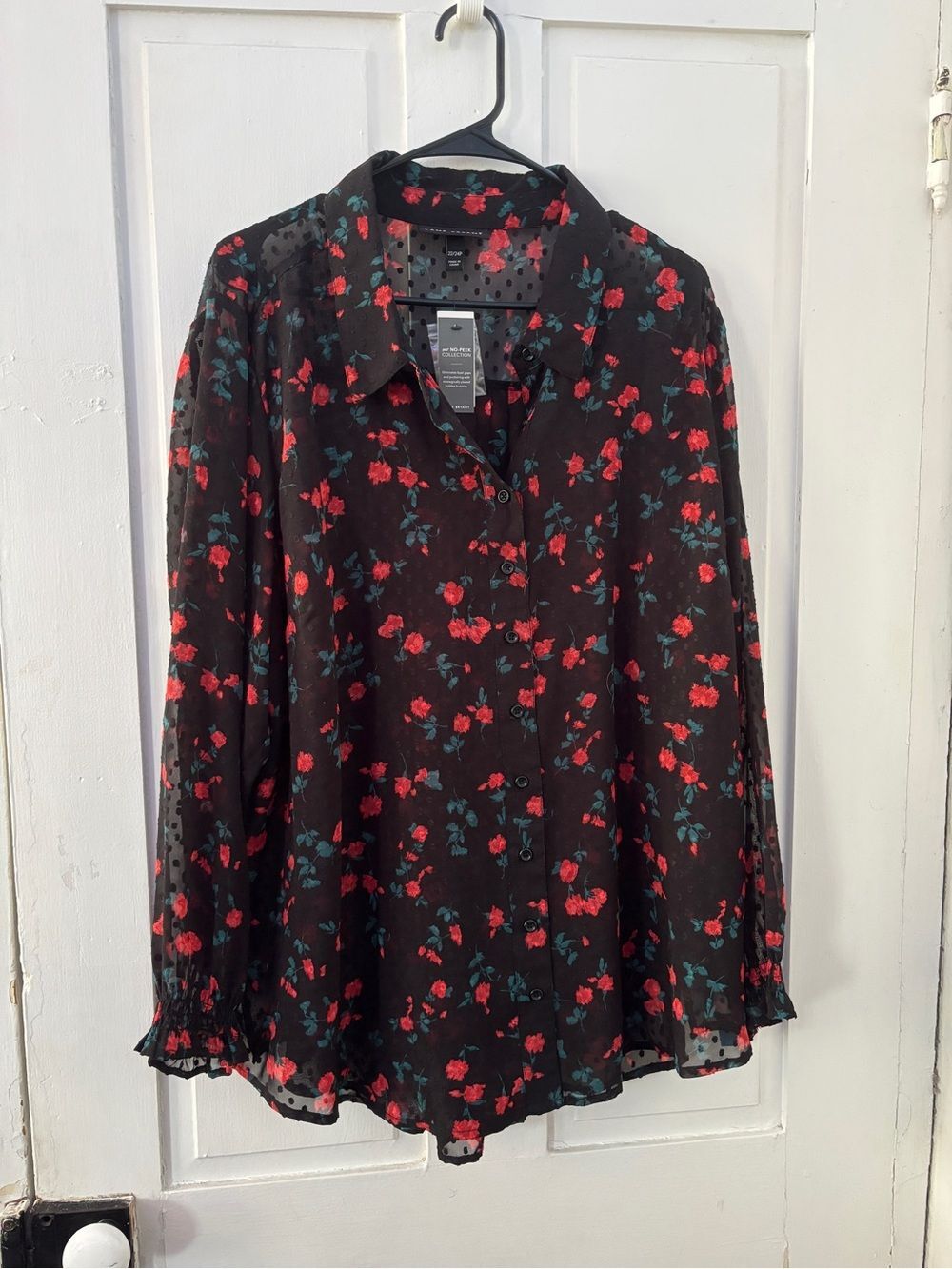 NWT Lane Bryant Sheer Black Button Up Long Sleeve Blouse w/ Rose Print and Dots